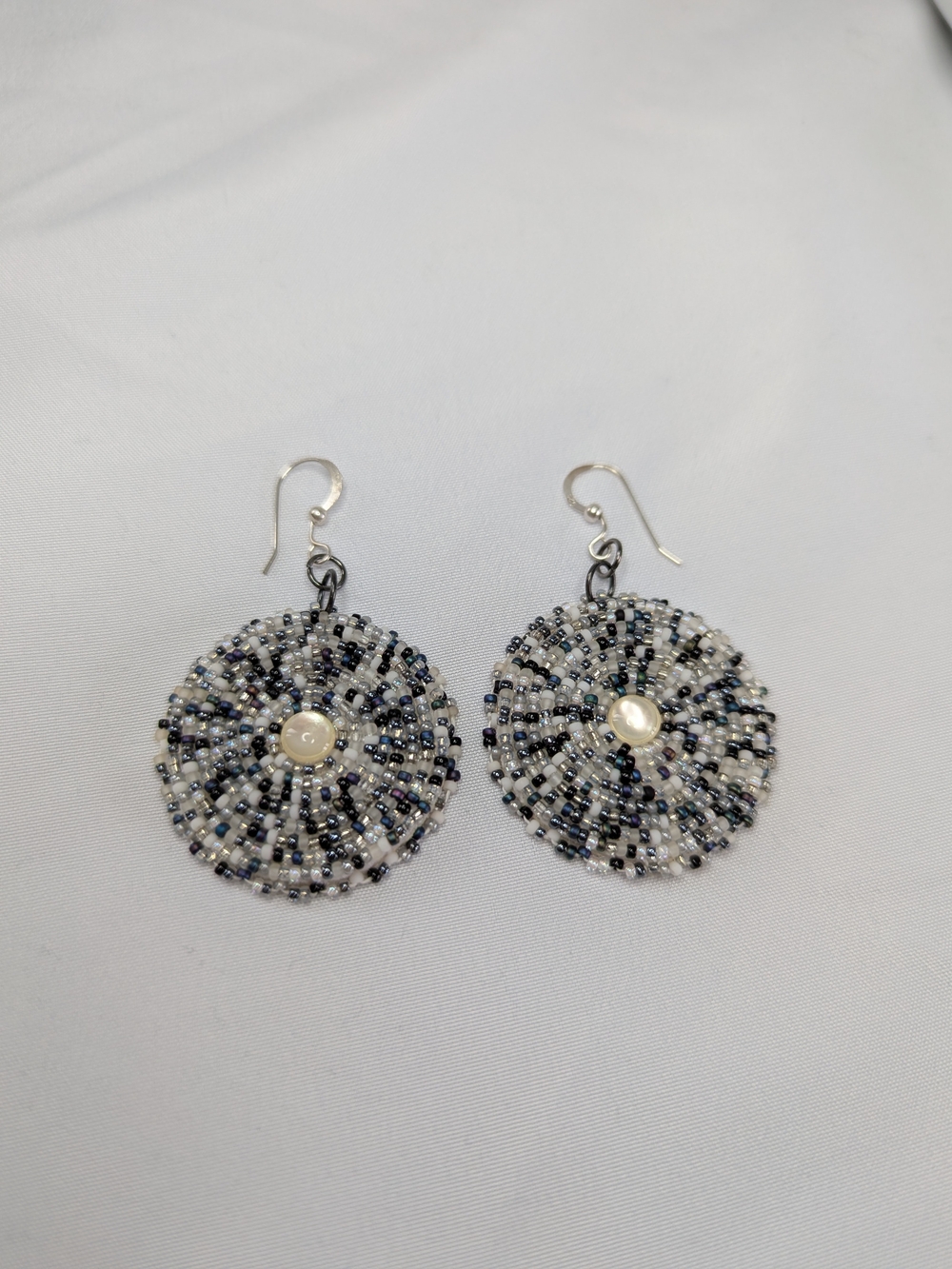 Handmade White and Black Beaded Disc Earrings with Mother Of Pearl Accent